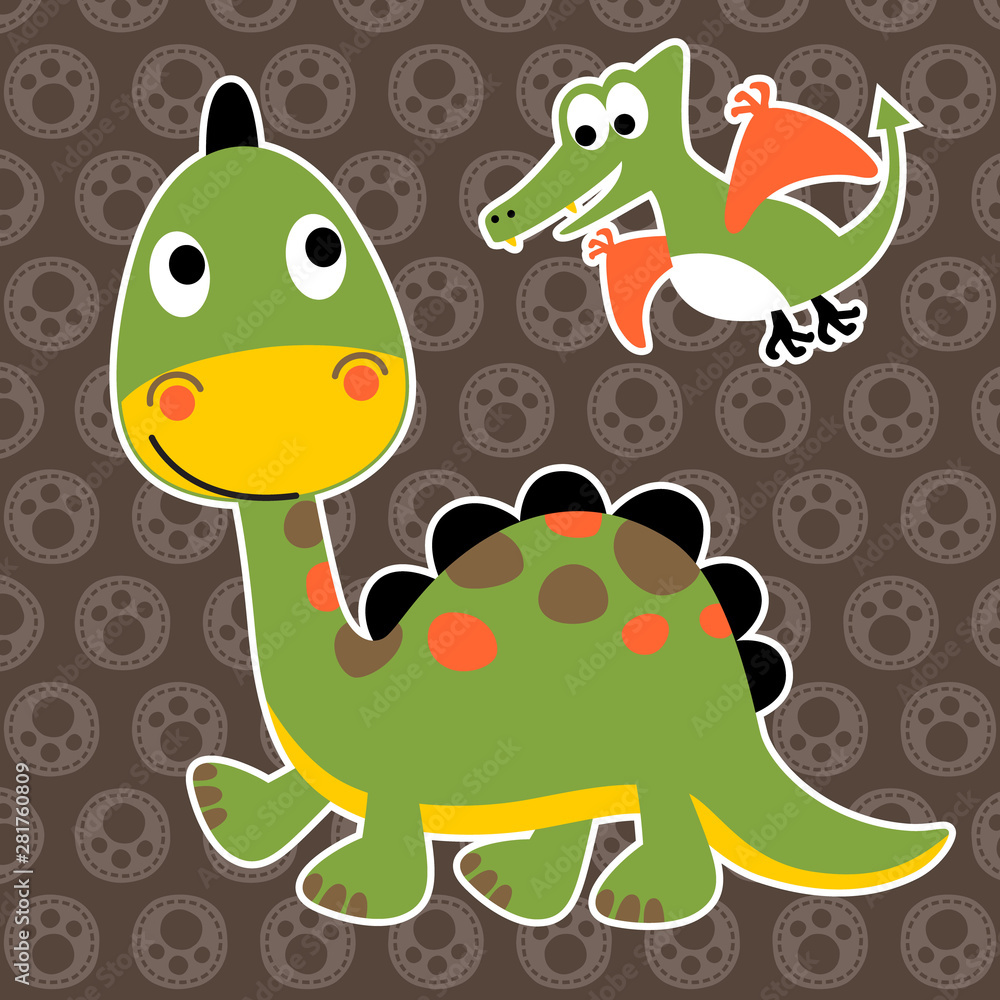 Obraz premium dinosaurs on footprints background, vector cartoon illustration