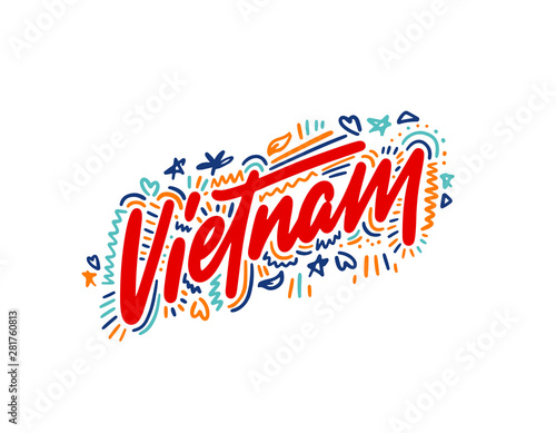 Vietnam. Name country word text card, banner script. Beautiful typography inscription greeting calligraphy poster black, gold ribbon, star. Handwritten design modern brush lettering isolated vector.