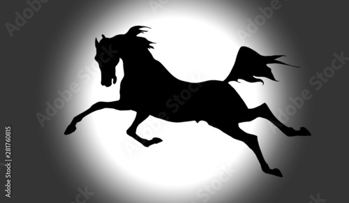 vector drawn monochrome image of a black silhouette of a galloping horse on a colored  and white  background