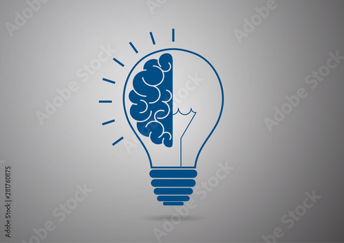 Logo with half light bulb and brain isolated on gray background. Symbol of creativity, concept of idea, mind, thinking.
