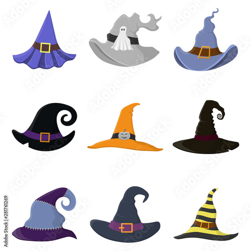 Set of different cartoon witch hats isolated on white background. Children kid costume masquerade party. Design elements for Halloween. Vector illustration.