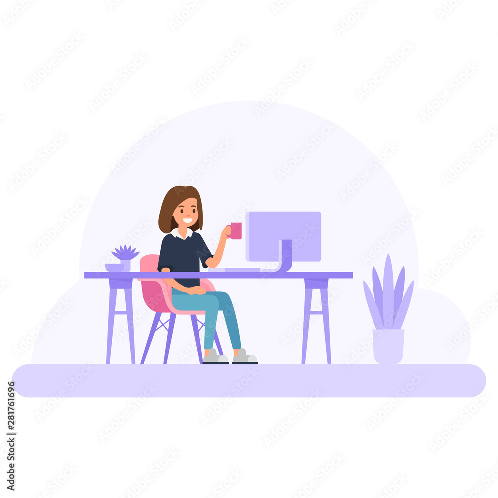 Modern workplace concept in office room with woman worker character.