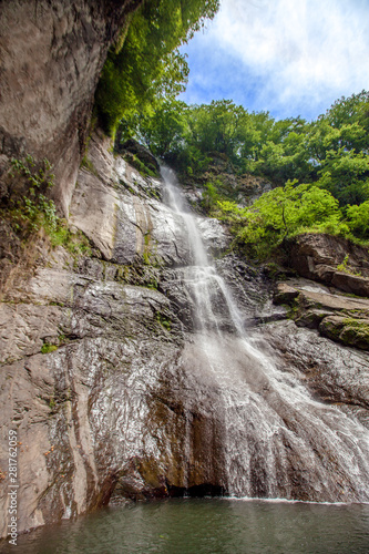 Mountain river waterfall close up