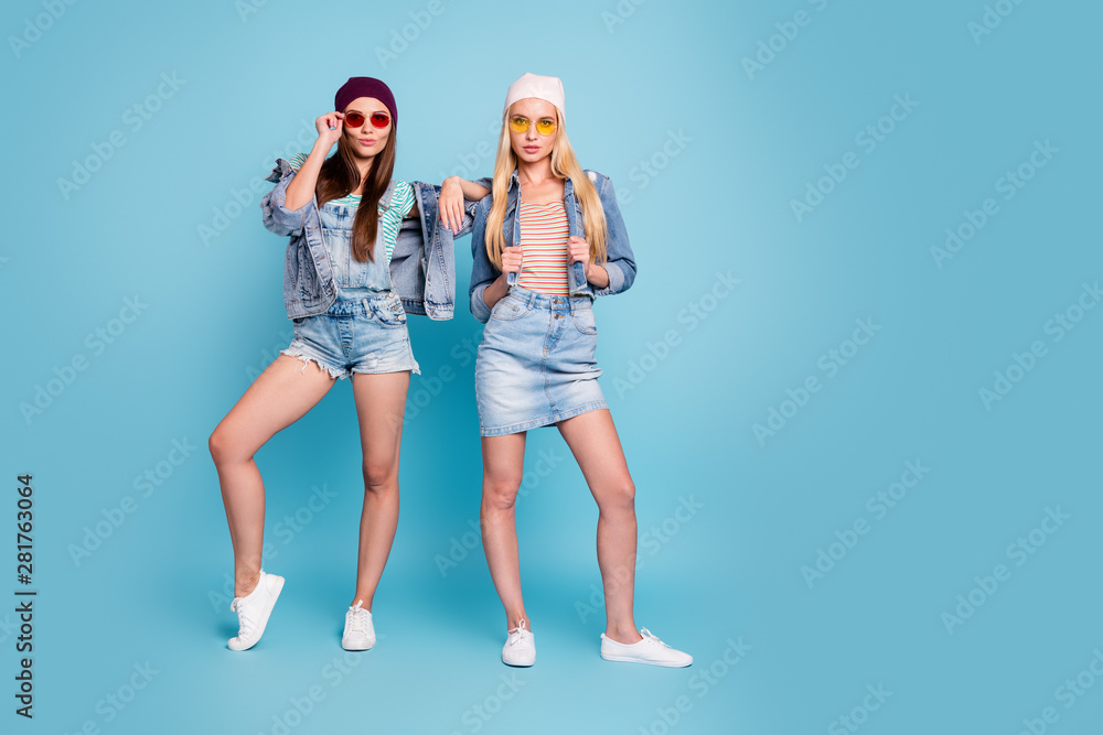 Fototapeta premium Full length body size view of nice-looking attractive lovely cool content fascinating cheek girls enjoying posing isolated over bright vivid shine blue green turquoise background
