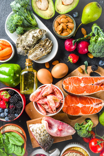 фотографія Pescetarian diet plan ingredients, healthy balanced grocery food, fresh fruit, b