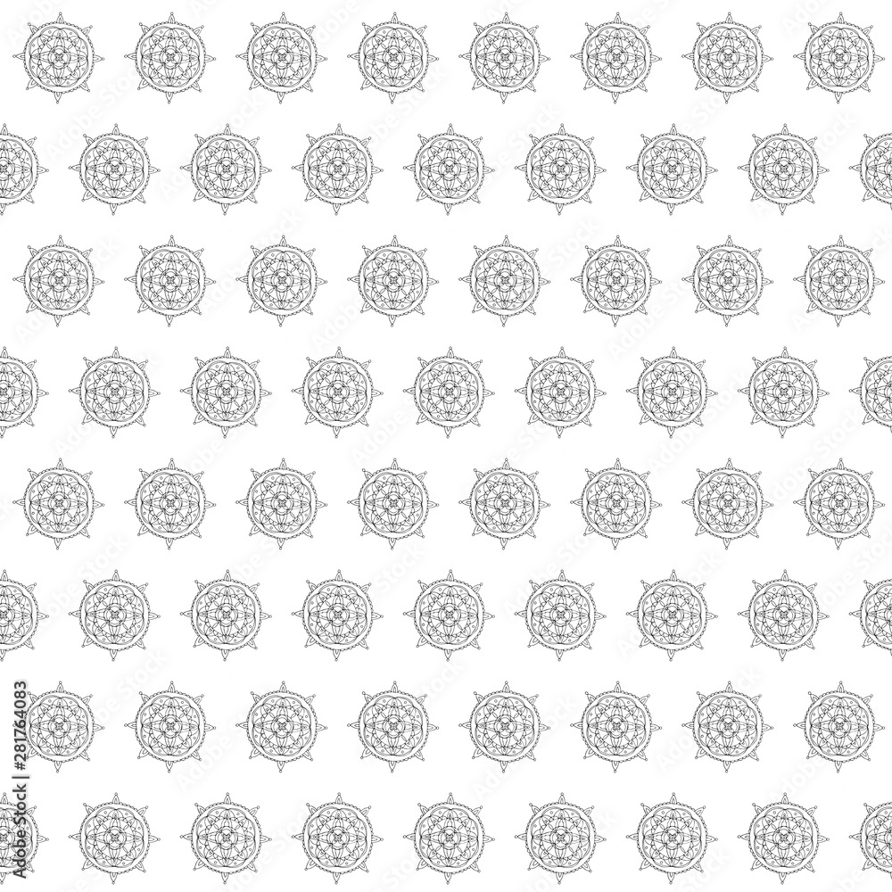 Seamless pattern Mandala. Hand drawing sketch. Background can be printed on textile, wallpaper, wrapping paper, greeting cards, yoga mats. Black outline on white background. Vector illustration. EPS10 Seamless pattern Mandala. Hand drawing sketch. Background can be printed on textile, wallpaper, wrapping paper, greeting cards, yoga mats. Black outline on white background. Vector illustration. EPS10