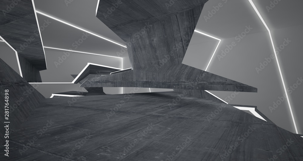 Abstract concrete and white interior with neon lighting. 3D illustration and rendering. Abstract concrete and white interior with neon lighting. 3D illustration and rendering.
