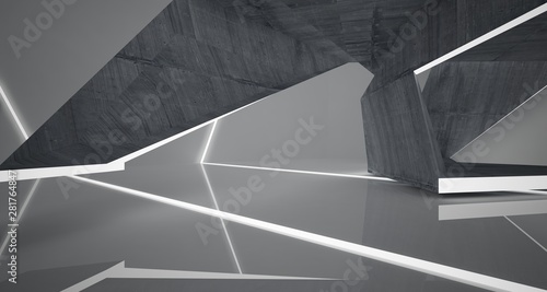 Abstract concrete and white interior with neon lighting. 3D illustration and rendering.