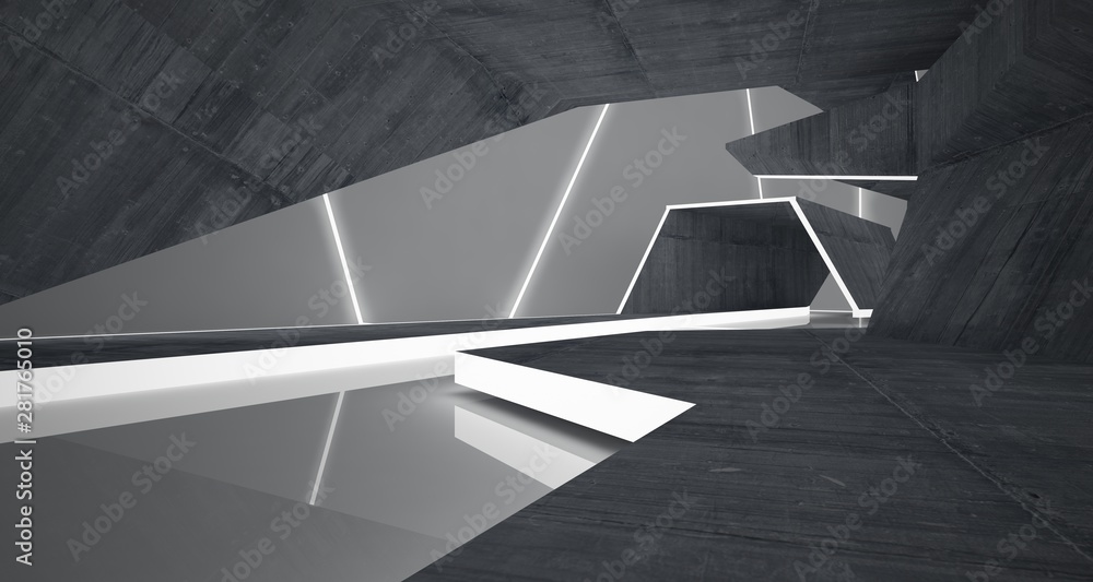 Abstract concrete and white interior with neon lighting. 3D illustration and rendering. Abstract concrete and white interior with neon lighting. 3D illustration and rendering.