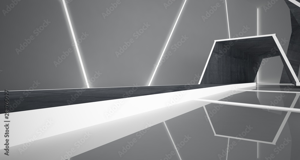 Abstract concrete and white interior with neon lighting. 3D illustration and rendering. Abstract concrete and white interior with neon lighting. 3D illustration and rendering.