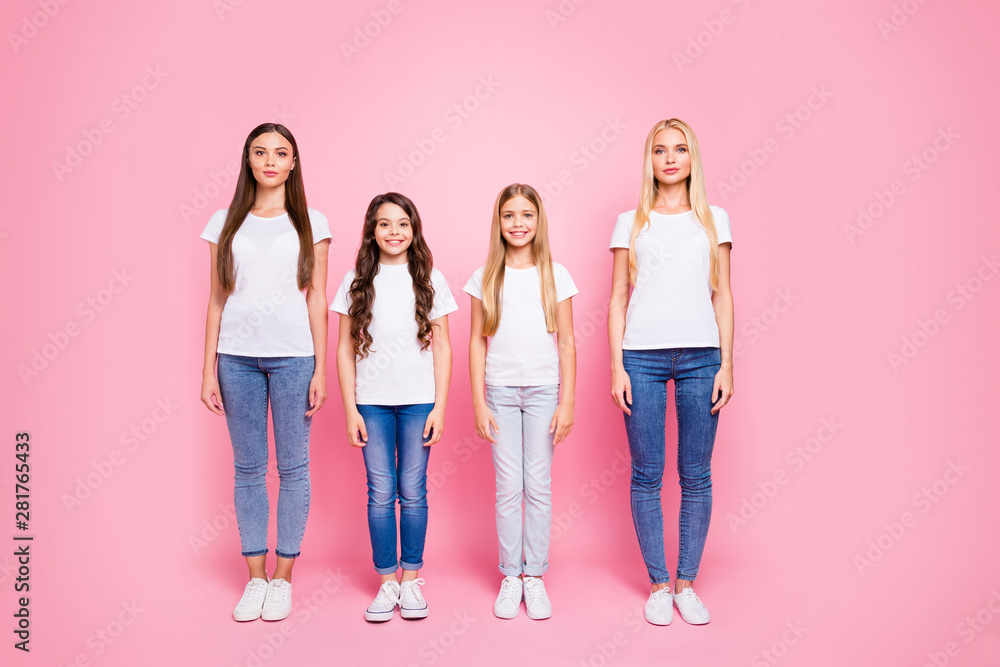 Full body photo of two small and two students ladies wear casual outfit isolated pink background Full body photo of two small and two students ladies wear casual outfit isolated pink background