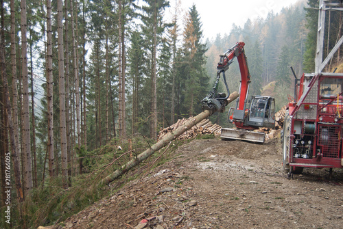 Timber harvesting with skyline crane and manipulator in autumnal misty forest in steep terrain of low mountain range of the Austrian Alps.