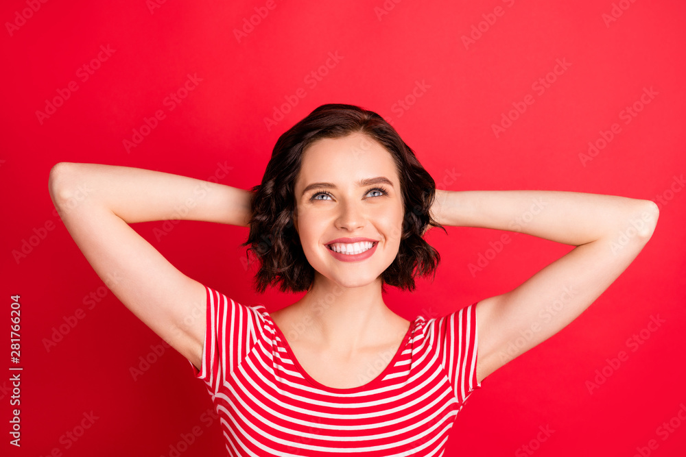 Close-up portrait of her she nice attractive pretty lovely cheerful cheery wavy-haired teen girl having rest time looking up dreaming isolated over bright vivid shine red background Close-up portrait of her she nice attractive pretty lovely cheerful cheery wavy-haired teen girl having rest time looking up dreaming isolated over bright vivid shine red background