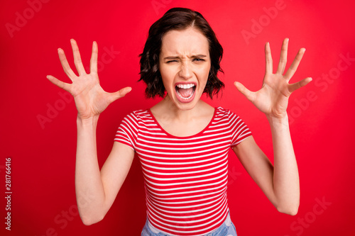 Close-up portrait of her she nice attractive desperate crazy evil wavy-haired girl attacking scolding isolated over bright vivid shine red background