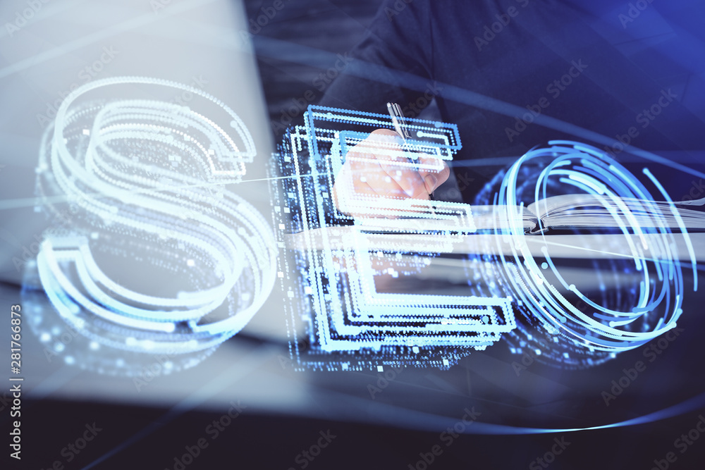 Man writing. With double exposure seo drawings. Man writing. With double exposure seo drawings.