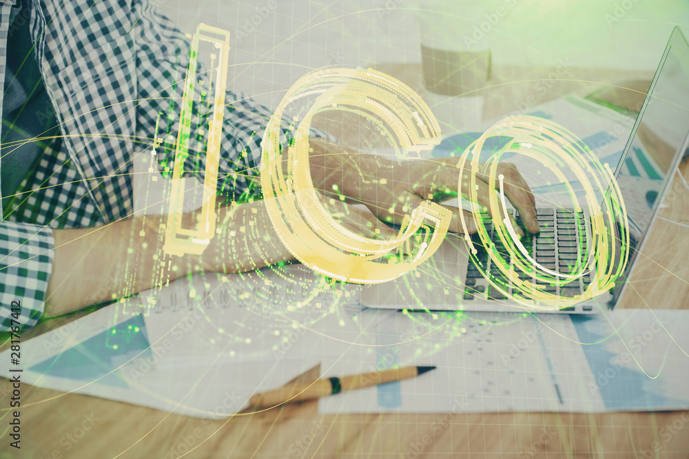 Blockchain theme hud with man working on computer on background. Concept of crypto chain. Double exposure. Blockchain theme hud with man working on computer on background. Concept of crypto chain. Double exposure.