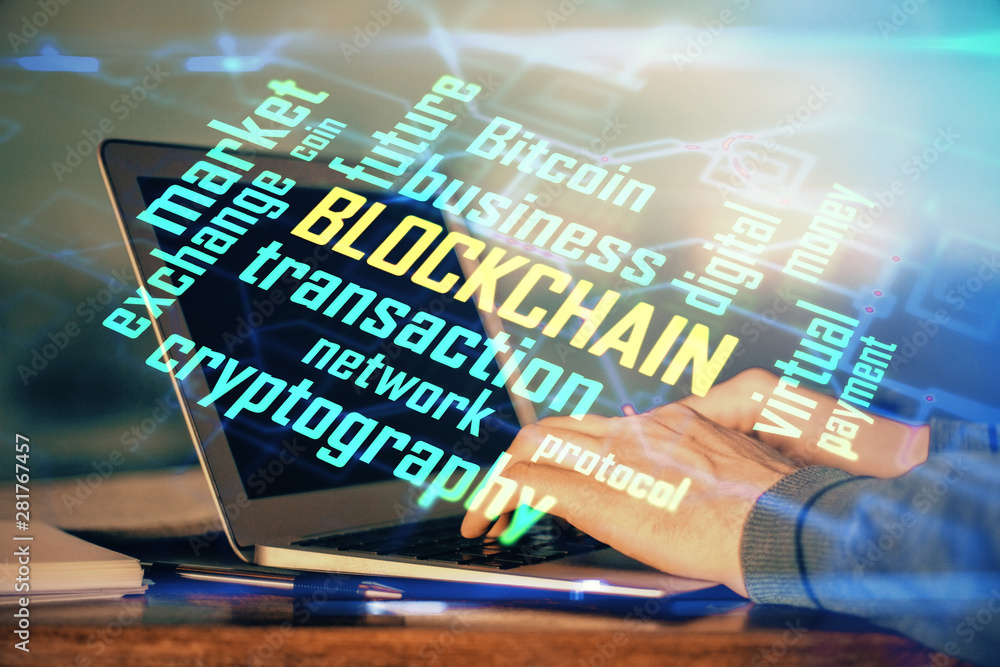 Blockchain theme hud with businessman working on computer on background. Concept of crypto chain. Double exposure. Blockchain theme hud with businessman working on computer on background. Concept of crypto chain. Double exposure.