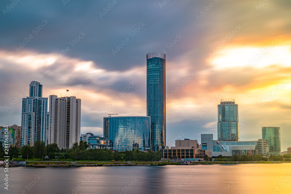 Sunset in summer on a pond in the center of the Yekaterinburg city, Russia