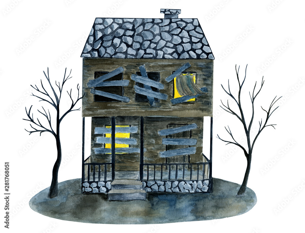 Watercolor wooden old abandoned haunted house with boarded and glowing windows, bare trees. Hand drawn Halloween card isolated on white background. Holiday print element for design