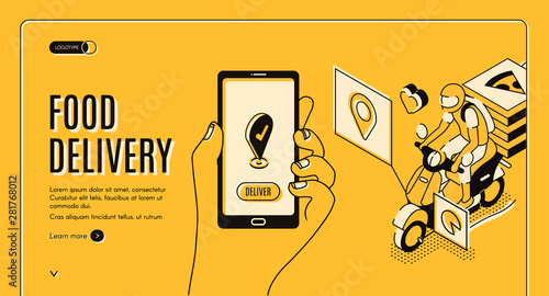 Food delivery service isometric landing page. Mobile city bike transportation, Online shipping application, hand hold smartphone with gps mark on screen, 3d vector illustration, line art, web banner