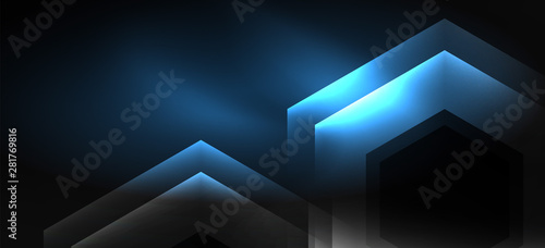 Neon color hexagon shapes  lines on black background. Modern template for web backdrop design. Abstract geometric frame