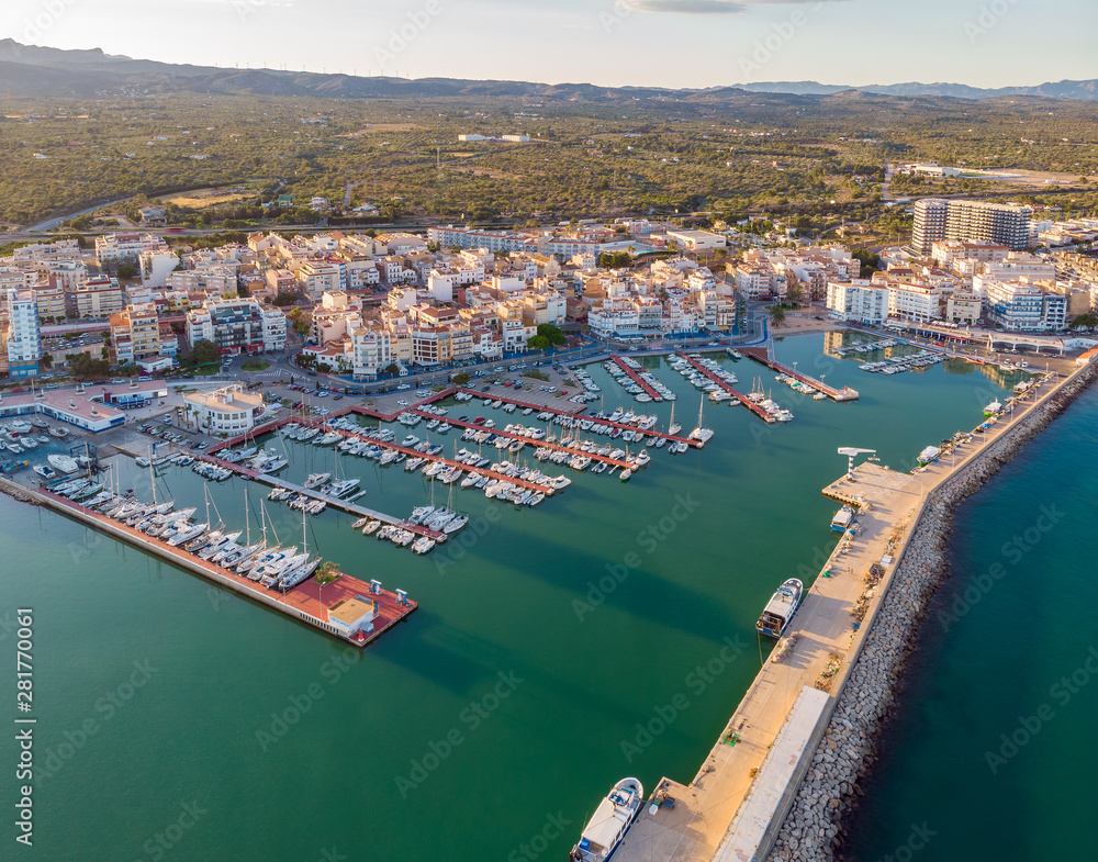 View of L'Ampolla port, Catalonia, Spain. Drone aerial photo