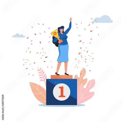 The women standing on a winners podium with a golden cup. Women day. People vector illustration. Flat cartoon character graphic design. Landing page template,banner,flyer,poster,web page