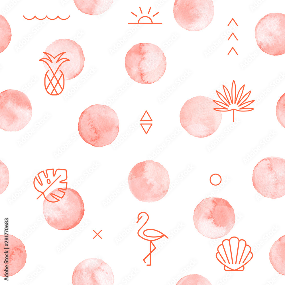 Seamless polka dot pattern with summer geometric elements isolated on white. Seamless polka dot pattern with summer geometric elements isolated on white.
