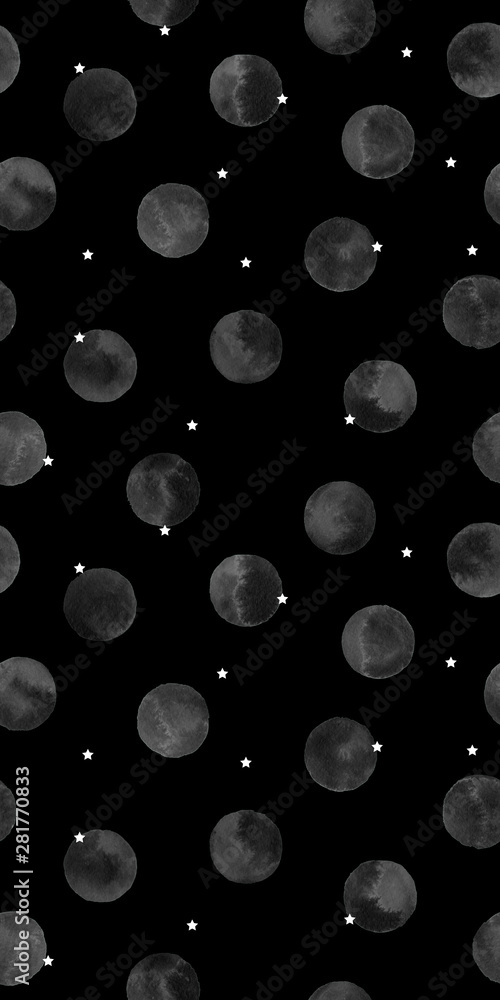 Seamless black pattern with moons and stars. Hand drawn watercolor illustration. Seamless black pattern with moons and stars. Hand drawn watercolor illustration.
