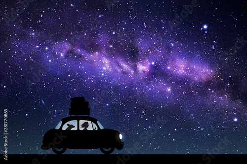 Cartoon retro car on road at night. Vector illustration with silhouettes of woman and dog traveling in camper. Family road trip. Space dark background with starry sky and Milky Way