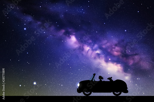 Cartoon retro car on road at night. Vector illustration with silhouettes of woman and dog traveling in camper. Family road trip. Space dark background with starry sky and Milky Way