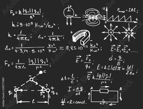 Electric magnetic law theory and physics mathematical formula equation. Physical equations on blackboard. Education and scientific  background. Vector hand-drawn vintage illustration.