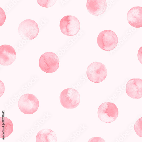 Seamless pink polka dot pattern isolated on pink. Watercolor illustration.