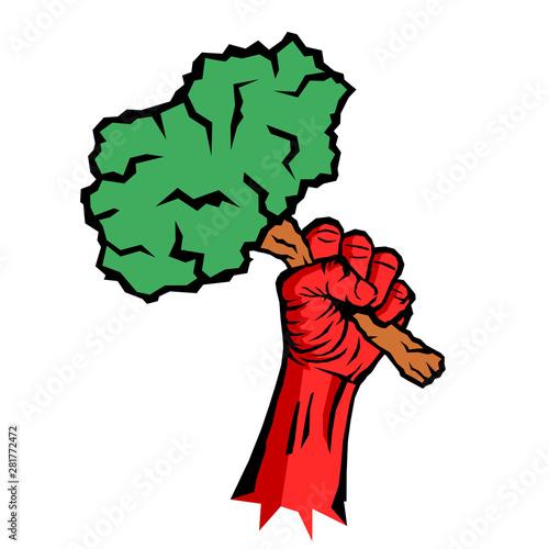 Eco socialism / eco-socialism - socialist red raised fist is holding green tree and plant - ideology, poltics and movement of left ecology. Vector illustration