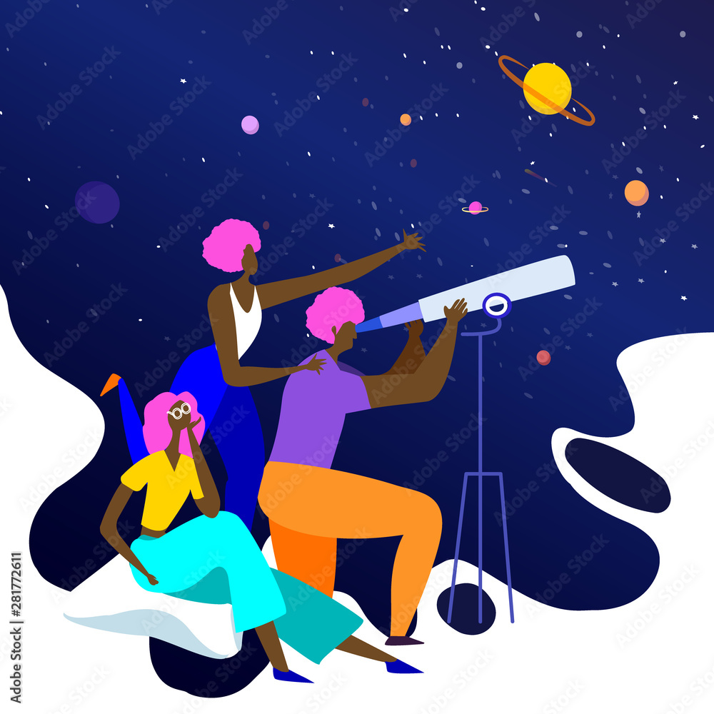 Naklejka premium Happy brown-skinned friends visiting planetarium looking at celestial bodies