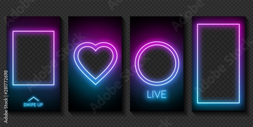 Set of neon templates for stories on social networks on a dark background.