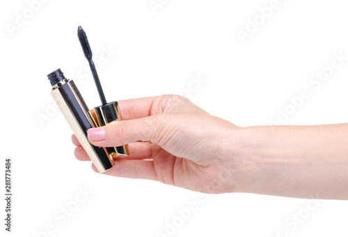 Black mascara in gold tube in hand beauty on white background isolation