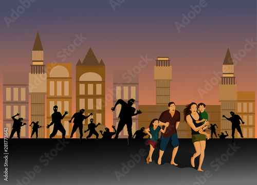 Parents and children are running away from the zombies on the city streets. There are buildings and orange lights in the background.