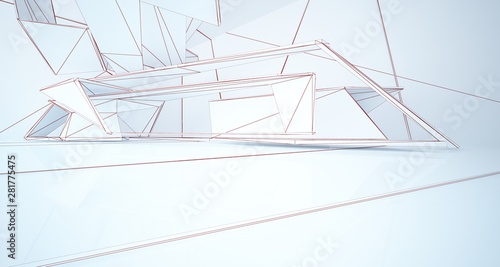 Abstract architectural white interior of a minimalist house with large windows. Drawing. 3D illustration and rendering.