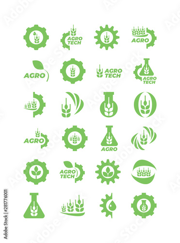 Set of green agro and bio icons for logo. Vector isolated illustration.