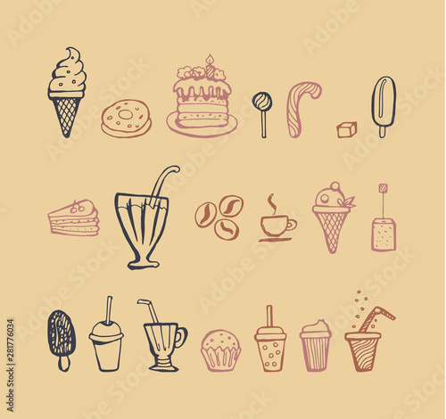 Sweet and drink set hand-drawn doodle. Ice cream, cake, caramel, coffee, tea. Vector color contour illustration.