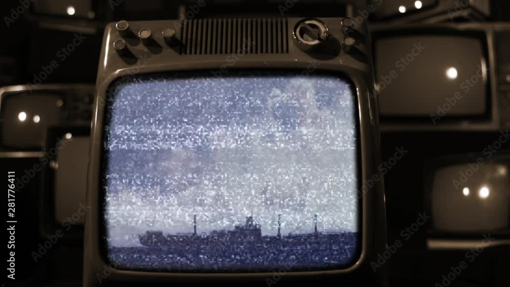 Retro TV Captures a Huge Atomic Bomb Explosion Underwater with its Effects on Ship. Sepia Tone. Retro TV Captures a Huge Atomic Bomb Explosion Underwater with its Effects on Ship. Sepia Tone.
