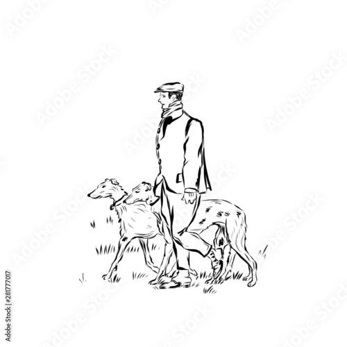 male dog breeder walks hounds ,nineteenth century style illustration of people