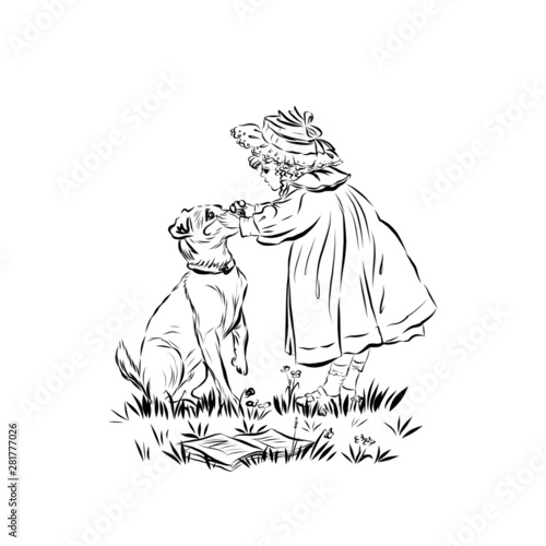 girl caresses and strokes a dog , nineteenth century style illustration of people