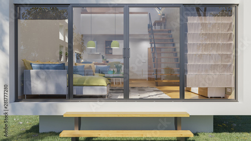 Fotografija Open Plan Living Room and Kitchen Behind the Sliding Doors in Bright Daylight 3D