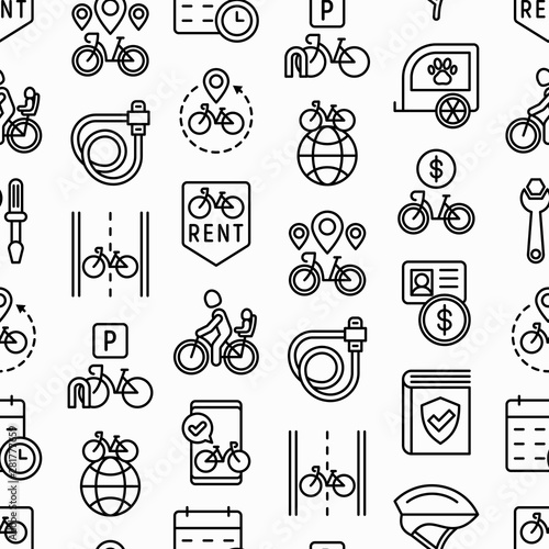 Bike rental seamless pattern with thin line icons: rates, bicycle tours, pet trailer, padlock, helmet, child seat, sharing, pointer, deposit, mobile app, cycling route. Modern vector illustration.