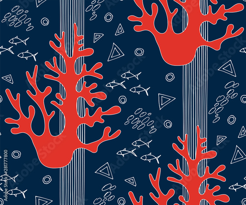 Hand drawn underwater natural ocean elements. Seamless pattern with reef corals. Vector sketch