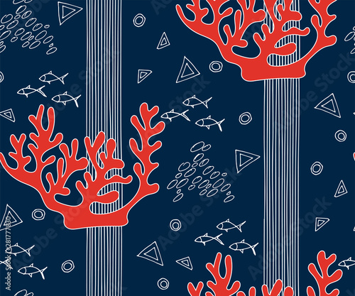 Hand drawn underwater natural ocean elements. Seamless pattern with reef corals. Vector sketch