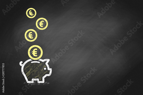 Piggy bank icon with coins on grey chalk board background