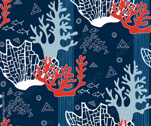Hand drawn underwater natural ocean elements. Seamless pattern with reef corals. Vector sketch